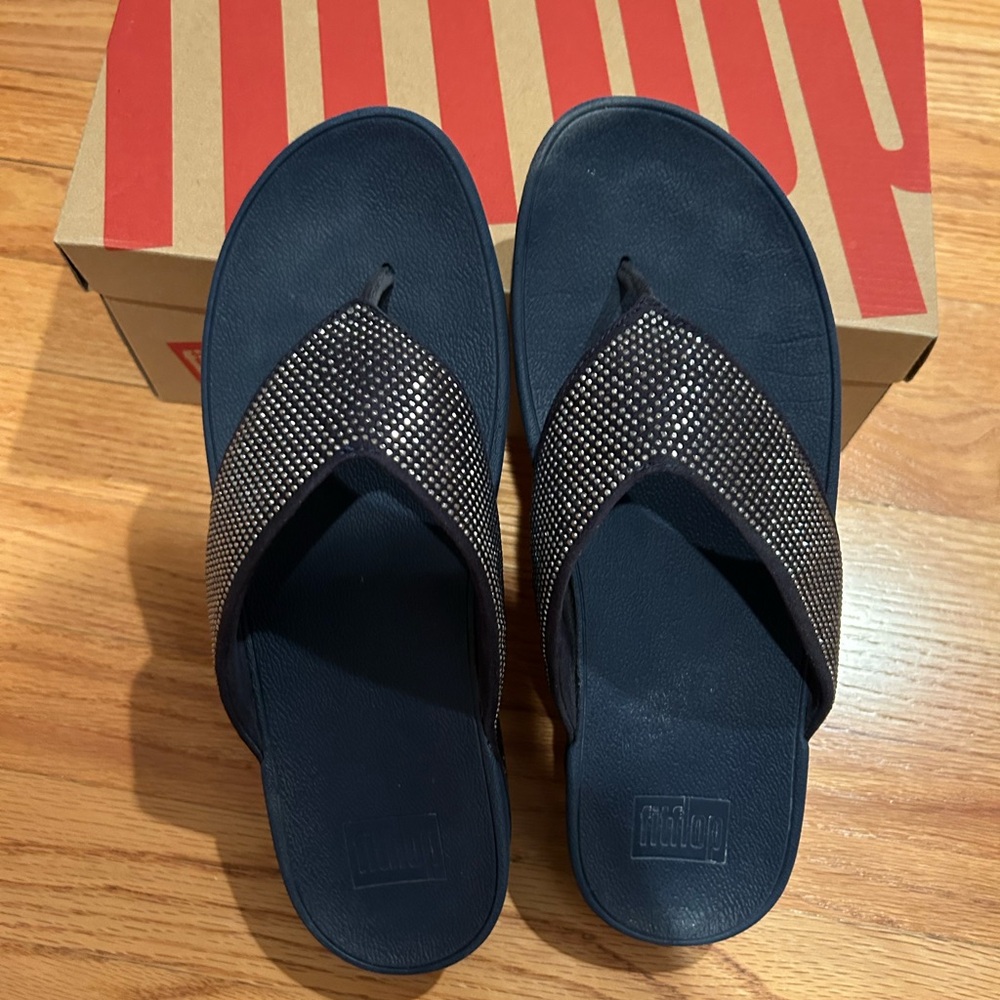 Summer Fitflop Dark Blue Sandals with studded Sparkling Leather Straps